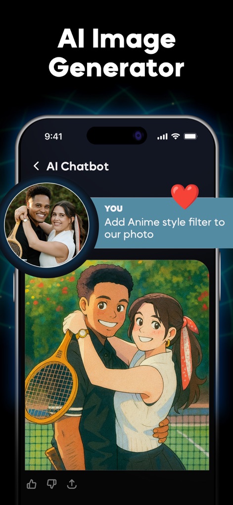 Chatbot AI Assistant ChatPrime - This tool enables creative image transformations, demonstrated by applying an 'Anime style filter' to an existing photo and generating a unique visual.