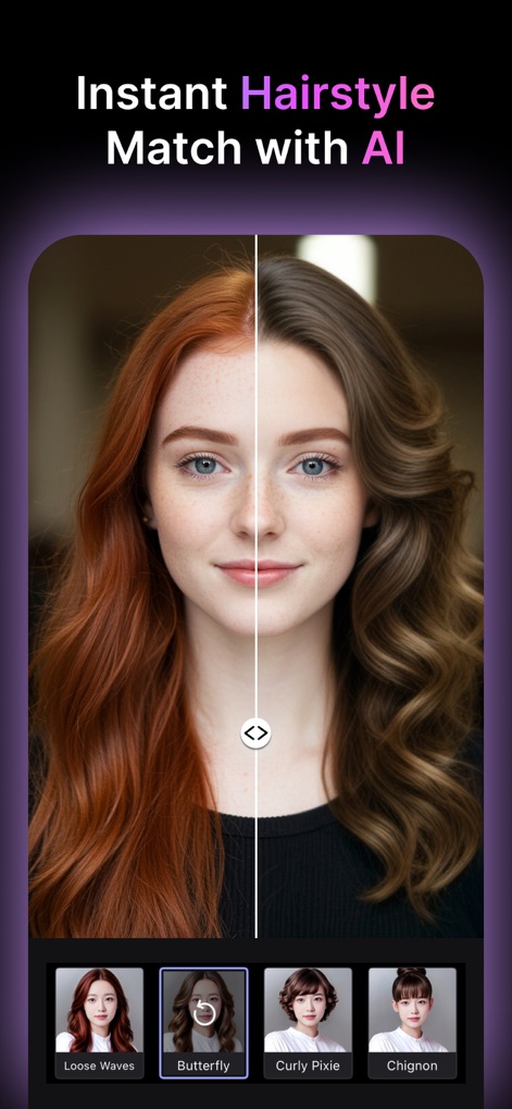 MyEdit: AI Photo Generator - O aplicativo oferece uma correspondência instantânea de penteados com IA, permitindo aos usuários visualizar diferentes looks, desde 'Loose Waves' até 'Curly Pixie', em tempo real na mesma imagem.