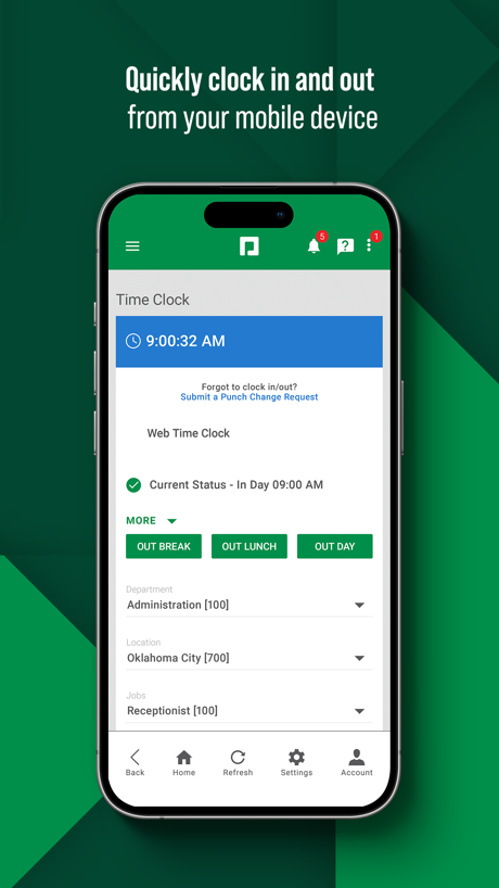 Paycom App Store screenshot 3, headline “Quickly clock in and out”. Pattern or texture.