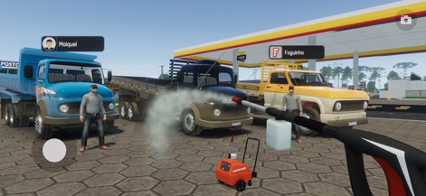 Global Truck Online - Engage in dynamic social interaction with other players, seen here utilizing realistic truck cleaning tools like a pressure washer in a detailed service station.