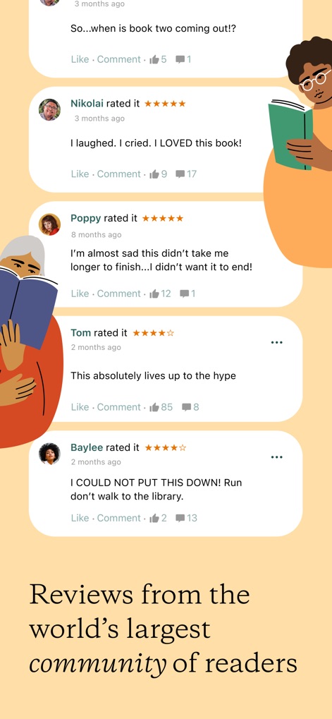 Goodreads: Book Tracker & More - Readers benefit from diverse community insights, featuring user-generated star ratings and interactive comment threads for vibrant discussions.