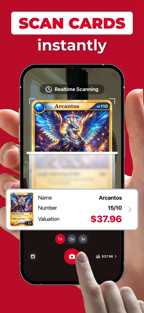 MonPrice Collector & Scanner - Nutzer können Karten in Echtzeit scannen, wobei das "Realtime Scanning" die sofortige Erkennung und die Anzeige des Werts von "$37.96" für die Karte "Arcantos" ermöglicht.