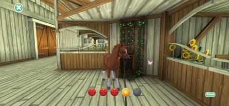 Star Stable: Horses - Users can engage directly with their foals using the interactive icons at their feet, all within a beautifully decorated stable featuring sunflowers and climbing vines.