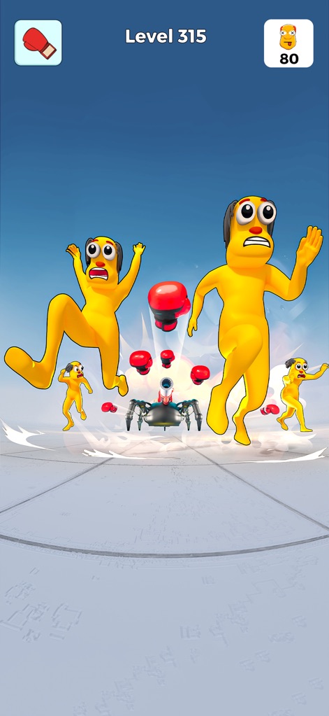 Annoying Uncle Punch Game - Personagens amarelos correm em pânico de um robô-aranha ameaçador com luvas de boxe e explosões, demonstrando a variedade de inimigos e a ação rápida no Nível 315.