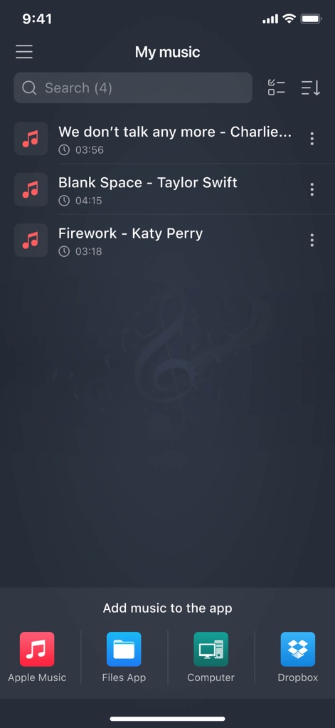 Mp3 Cutter - M4a, Music Cutter - The app seamlessly organizes imported songs and offers diverse integration options for adding music from sources like Apple Music and Dropbox.