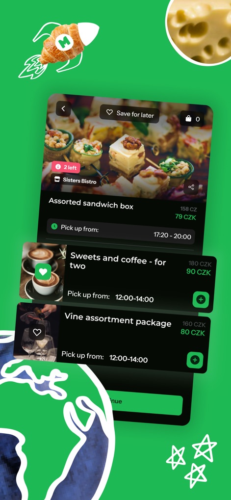 Nesnězeno: Save tasty food! - Diese Ansicht zeigt eine vielfältige Auswahl an Essenspaketen, von herzhaften Sandwiches bis zu süßen Leckereien, jeweils mit angegebenen Abholzeiten für maximale Flexibilität.