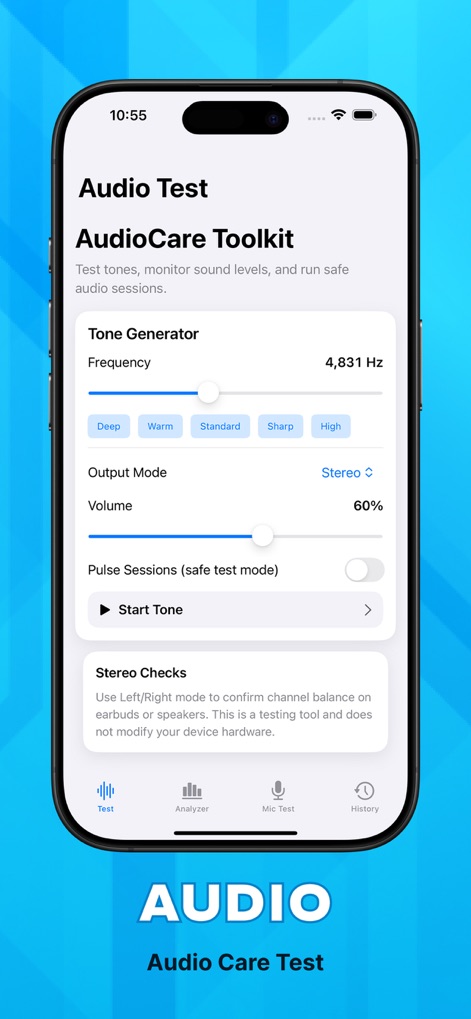PureWave Al Care - Explore the comprehensive tone generator with precise frequency control at 4,831 Hz and critical stereo channel checks for device output.