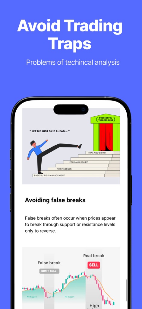 Trading Game - Stock Simulator - The app educates users on avoiding common pitfalls by illustrating concepts like false breaks and guiding them through a structured path from trial and error to successful trading.