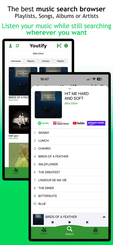 Youtify for Spotify Premium - Diese Ansicht präsentiert die integrierte Suchfunktion mit Optionen zum Filtern nach Titeln oder Alben und zeigt die direkte Verlinkung zu verschiedenen Streaming-Diensten wie Spotify und Amazon Music.