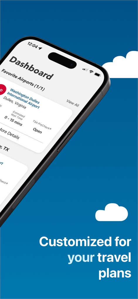 MyTSA - Users can customize their dashboard to monitor preferred airports, seeing at a glance the 'Favorite Airports' list and their current wait times.