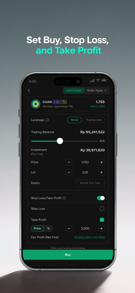 Stockbit - Stock Investing App - This tool empowers traders with comprehensive 'Limit Order' settings, allowing them to define precise 'Stop Loss/Take Profit' levels for controlled trading strategies.