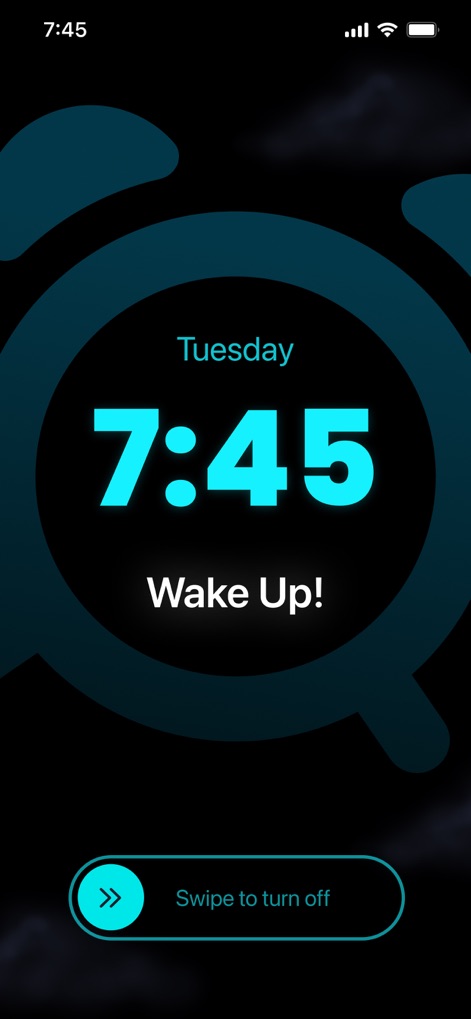 Smart Alarm Clock - Waking Up - See how the app presents a bright digital time display and a clear 'Swipe to turn off' action for immediate dismissal.