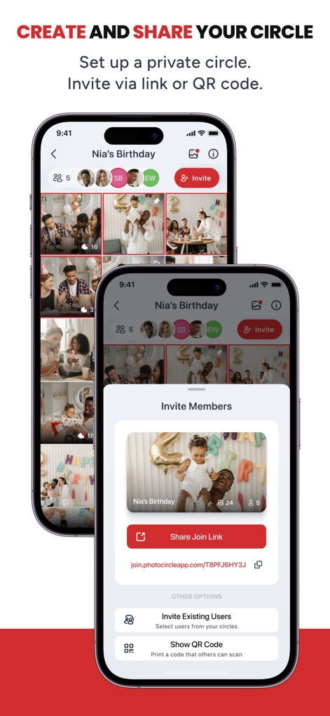 PhotoCircle - Gli utenti possono creare e gestire cerchi privati, con opzioni chiare per "Share Join Link" e la possibilità di "Show QR Code" per un invito facile.