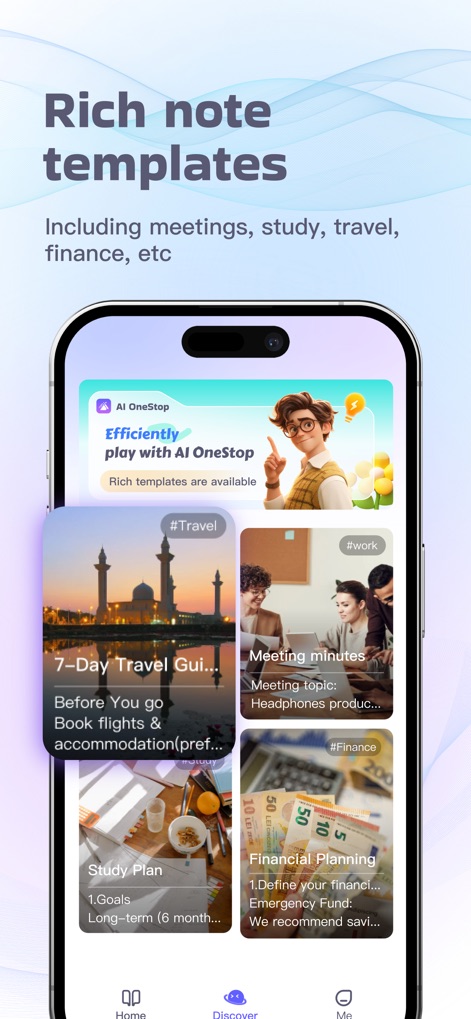 InstaWrite AI - Notes taker - Users can explore a rich collection of pre-designed note templates within the 'Discover' section, offering structured formats for diverse needs, including 'Meeting minutes' and 'Study Plan'.
