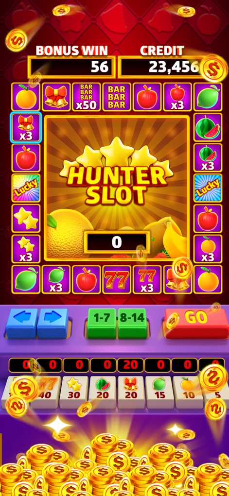 Hunter Slot - Experience the vibrant gameplay with classic fruit machine symbols and dynamic "BONUS WIN" displays.
