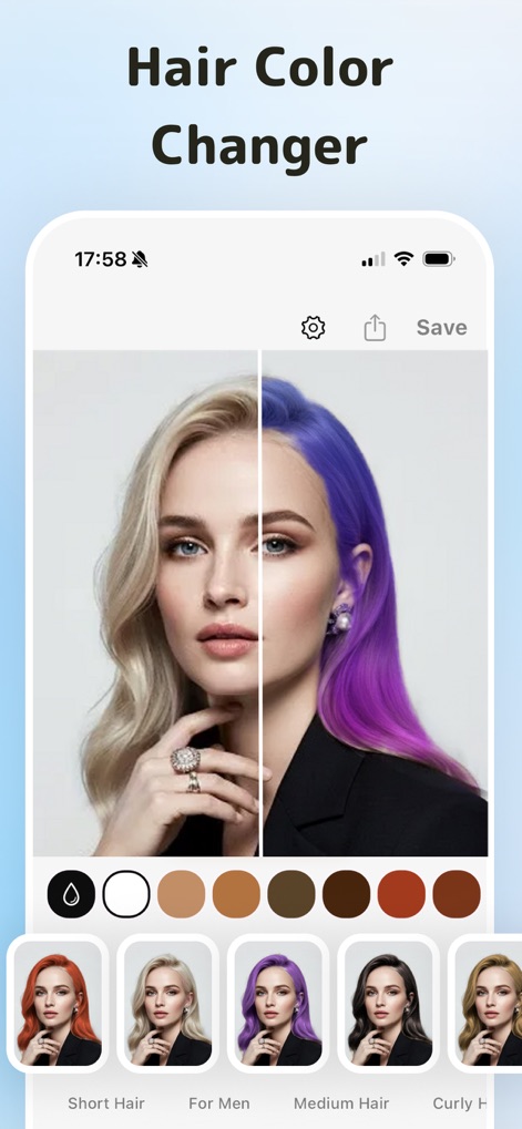 HairTry: Haircut Simulator - Cet outil permet d'expérimenter instantanément avec des teintes audacieuses comme le Violet vibrant, et de visualiser l'impact des options de couleur via une Palette intuitive, offrant une transformation capillaire instantanée.