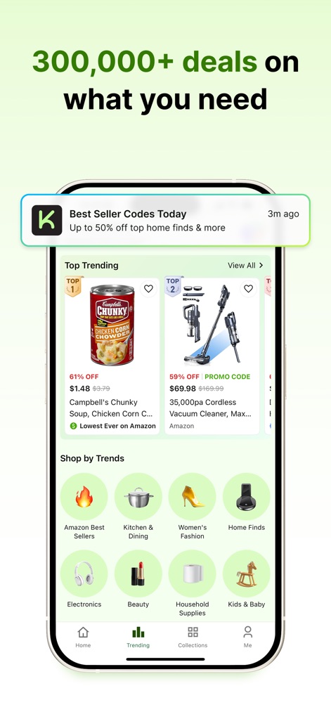Koupon: Real Deals & Codes - The interface presents a dynamic 'Top Trending' section with current best-seller codes and organized 'Shop by Trends' categories for easy navigation and discovery.