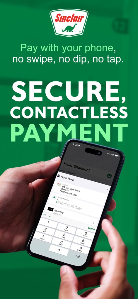 DINOPAY - Sinclair Oil - L'application propose une méthode de paiement sécurisée via l'écran 'Pay at Pump', intégrant des options comme Apple Pay pour une transaction fluide et sans contact.