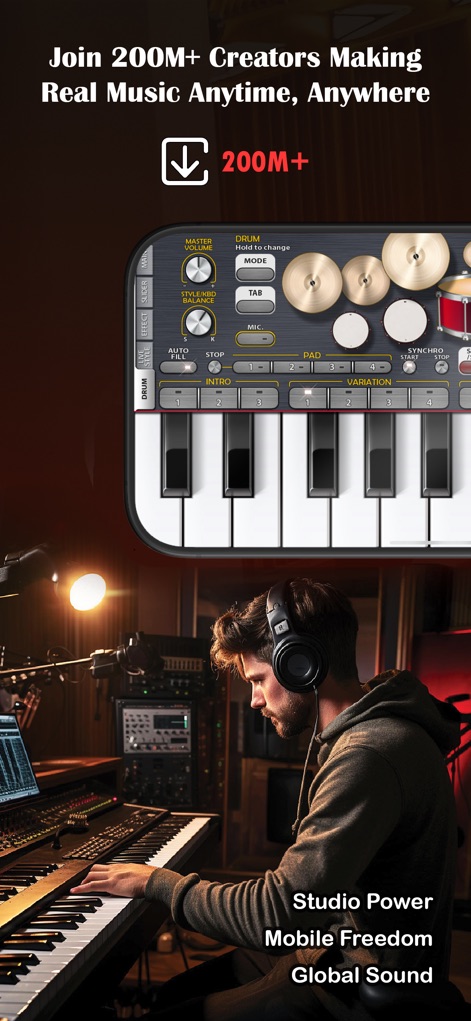 ORG 24: Your Music - See how ORG 24 transforms mobile devices into a professional studio, showcasing its virtual keyboard interface and dynamic drum kit.