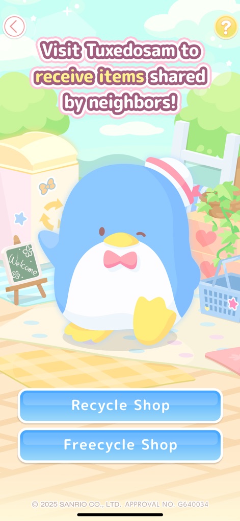 Hello Kitty Dream Village - Tuxedosam introduces players to the community-driven "Recycle Shop" and "Freecycle Shop" options for sharing items with neighbors.