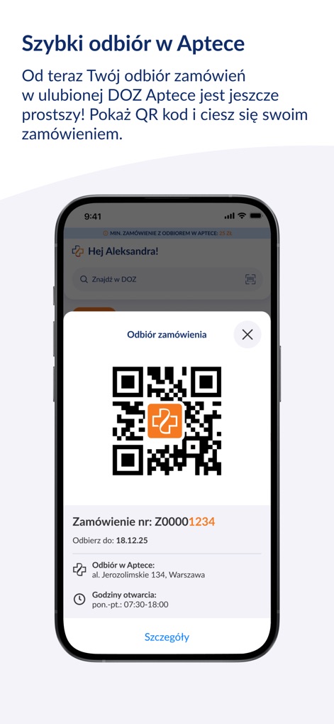 DOZ.pl - This feature streamlines pharmacy pickups with a scannable QR code and clearly displays the designated pickup location and operating hours.