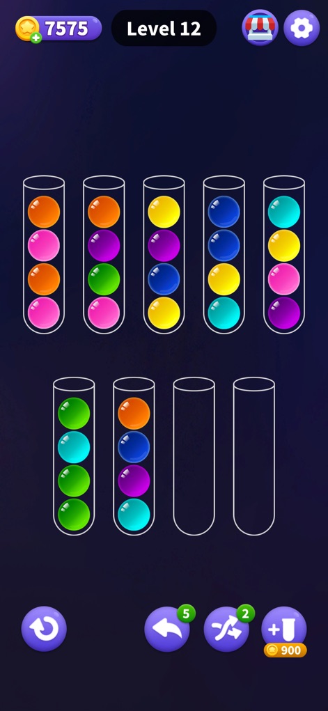 Ball Match Lab - 이 앱은 '레벨 12'의 게임 플레이를 보여주며, 사용자는 '다채로운 공'을 튜브에 효율적으로 분류할 수 있습니다.