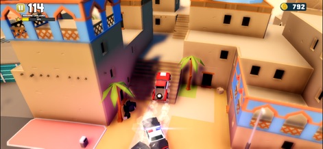 Reckless Getaway 2: Car Chase - The app challenges players to navigate narrow, winding alleyways in an exotic setting, demonstrating skillful evasion and visual drift effects.