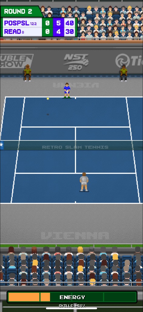 Retro Slam Tennis - Compete in high-stakes matches on varied court surfaces, monitoring the clear scoreboard and player energy levels.