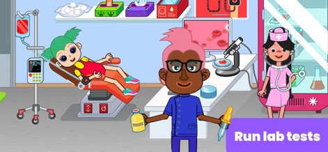 Hospital Games for Kids - See the lab setup with a microscope for analysis and an IV drip stand, showcasing the scientific side of healthcare.