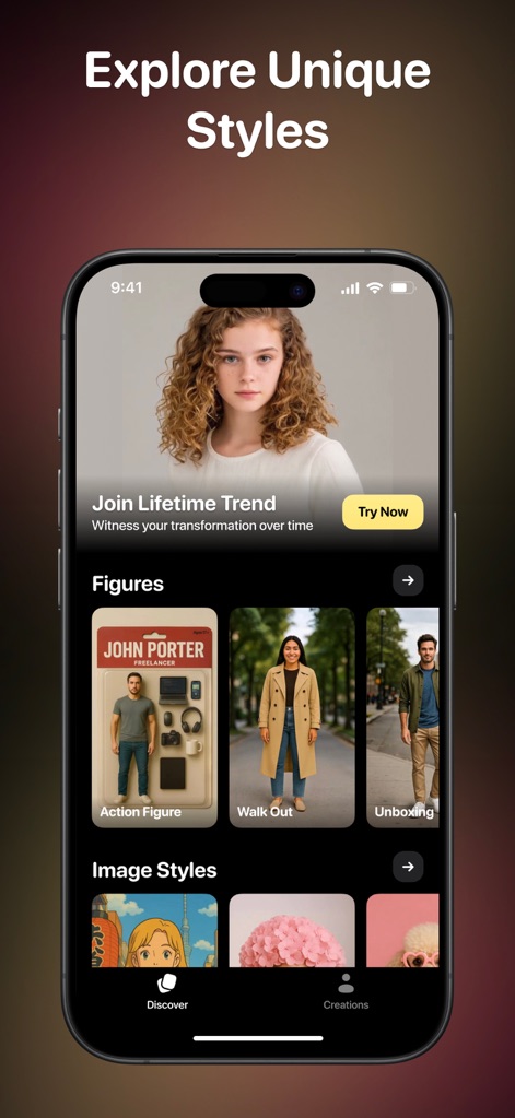 CloneAI - AI Video Generator - This screen offers a curated collection of AI styles, including 'Figures' like 'Action Figure' and 'Walk Out,' alongside diverse 'Image Styles' to spark creativity.