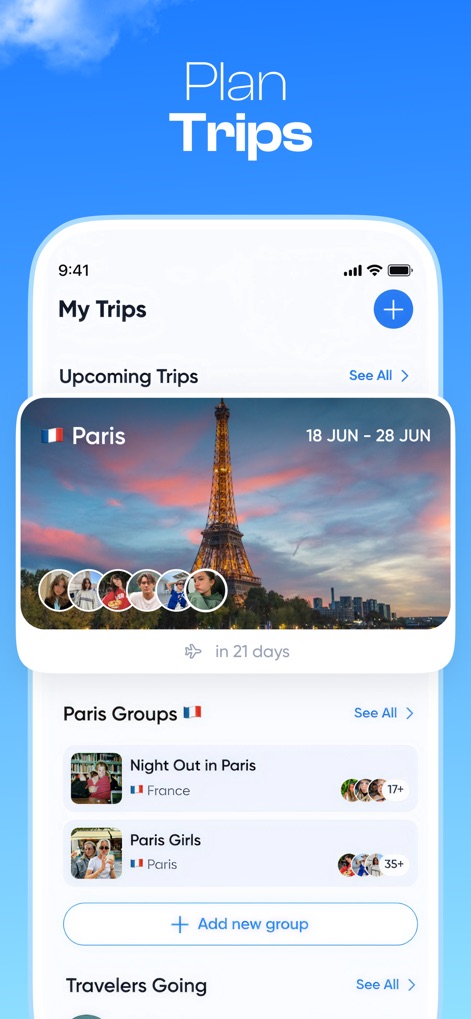 TripBFF - Solo Travel Friends - This tool offers a clear overview of "Upcoming Trips" with visual destination cards and facilitates connections through city-specific "Paris Groups" tailored for shared activities.