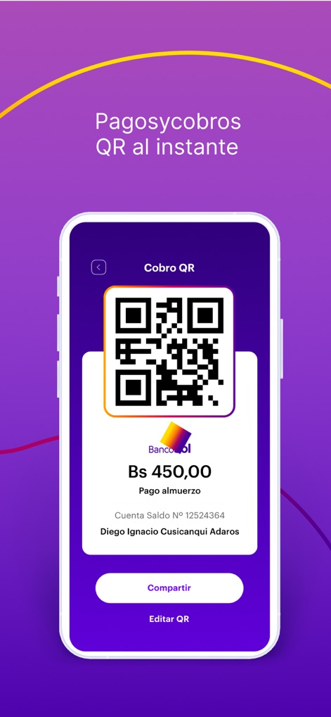 BancoSol - Questo screenshot evidenzia la funzionalità di 'Cobro QR', che permette agli utenti di generare codici QR personalizzati e condividere i dettagli del 'Pago almuerzo' per transazioni rapide e sicure.
