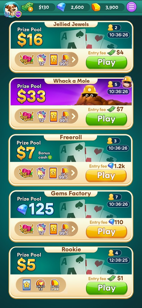 Solitaire Cash - Explore the app's wide array of competitive tournaments, each featuring a specific prize pool and clearly stated entry fees, catering to different player preferences.
