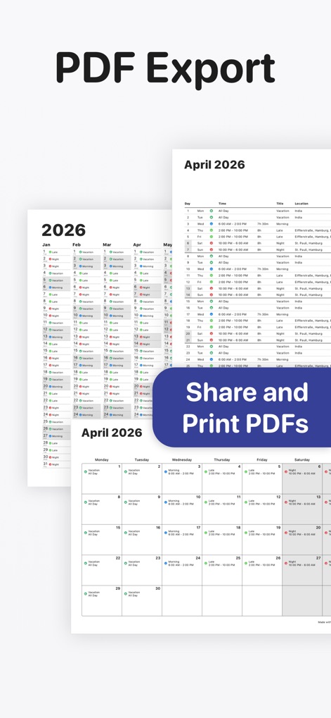 Supershift Shift Work Calendar - ユーザーは、月のシフトスケジュールを詳細な情報とともにPDF形式でエクスポートできる機能と、カスタマイズ可能なフォーマットで印刷・共有が可能です。