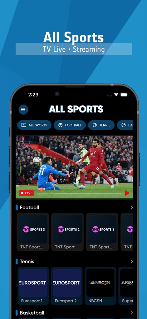 All Sports TV - Live Streaming - Die App bietet einen direkten Zugang zu einem prominenten Live-Fußballspiel, ergänzt durch eine Vielzahl von Senderkacheln und Sportkategorien direkt auf dem Startbildschirm.
