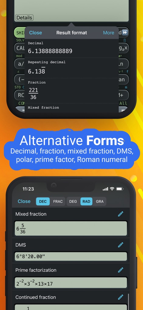 NCalc Scientific Calculator + - Esta función permite visualizar resultados en diversos formatos de salida, desde decimales hasta fracciones, y muestra una factorización prima detallada.