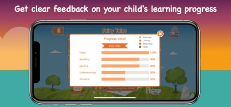 LearnEnglish Kids: Playtime - このアプリは、「Video」「Speaking」「Spelling」といった学習領域ごとの棒グラフで、子供の学習進捗を明確に示します。各領域の進捗率は、具体的な数値（例：Video 100%, Speaking 80%）で視覚化されています。