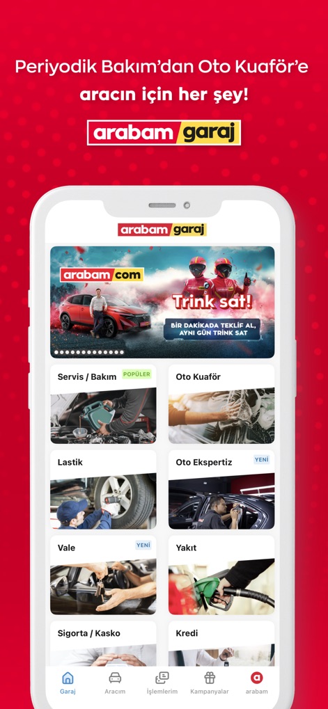 arabam.com - Der 'Garaj'-Bereich bietet eine breite Palette an Dienstleistungen, von 'Servis / Bakım' über 'Oto Kuaför' bis hin zu 'Kredi', die alle Aspekte der Fahrzeugverwaltung abdecken.