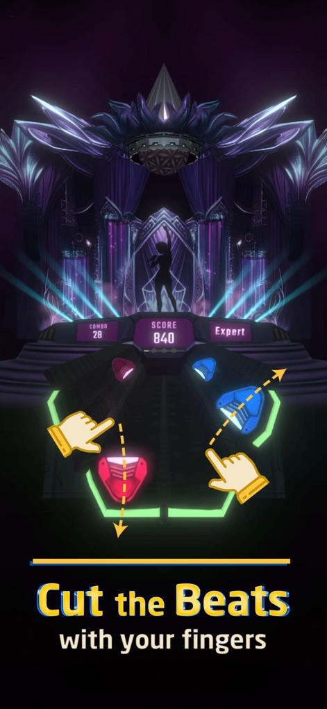 Beat Swiper - Observe the intuitive swipe indicators, which guide users with animated hands and clear directional arrows for precise beat slicing.