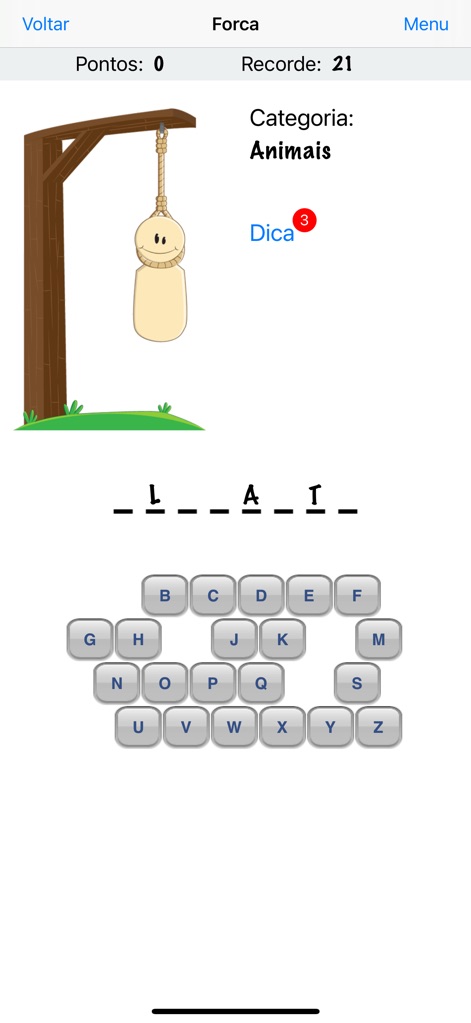 Forca - O melhor jogo da forca - This tool demonstrates the game in progress, with the first part of the hangman figure appearing and initial letters of the hidden word revealed.
