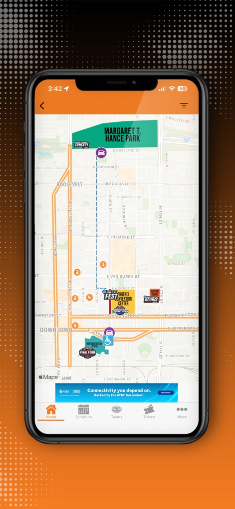 2026 NCAA Women’s Final Four - The app offers dynamic 'Maps' displaying key locations such as Margaret T. Hance Park, along with clearly indicated routes and numbered points of interest for seamless navigation around Phoenix.