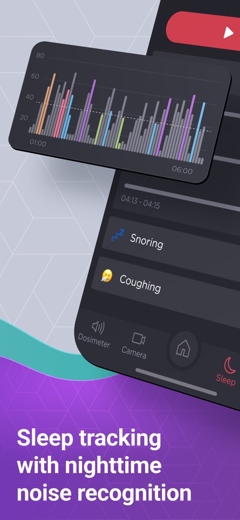 Decibel : dB sound level meter - Die App hilft Nutzern, ihre Schlafumgebung zu verstehen, indem sie eine Zeitleiste von erkannten Geräuschen wie Schnarchen und Husten bereitstellt.