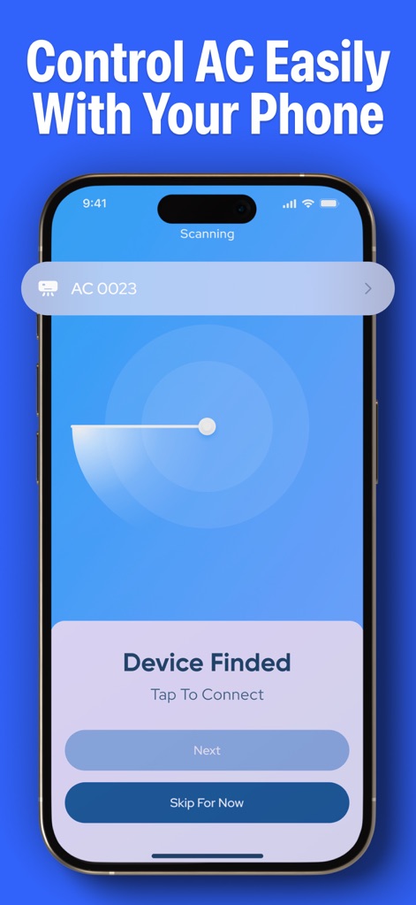 Air Conditioner・AC Remote App - Cet outil assure un processus d'appairage simplifié, illustré par l'état "Scanning" et le bouton "Tap To Connect" pour connecter le "Device Finded" avec une facilité déconcertante.
