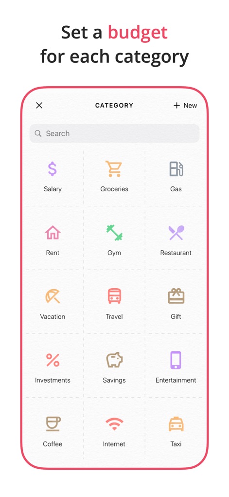 Budget Planner App - Fleur - The app allows for detailed financial organization through its array of diverse category icons, empowering users to easily search existing categories or add new ones.