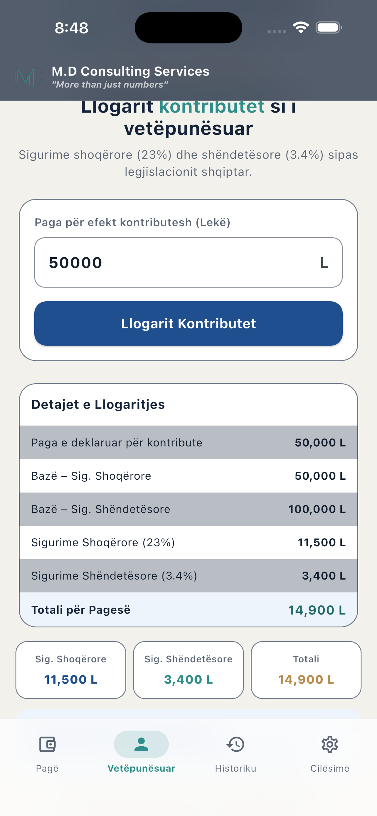 MD Consulting Kalkulator Page screenshot 2