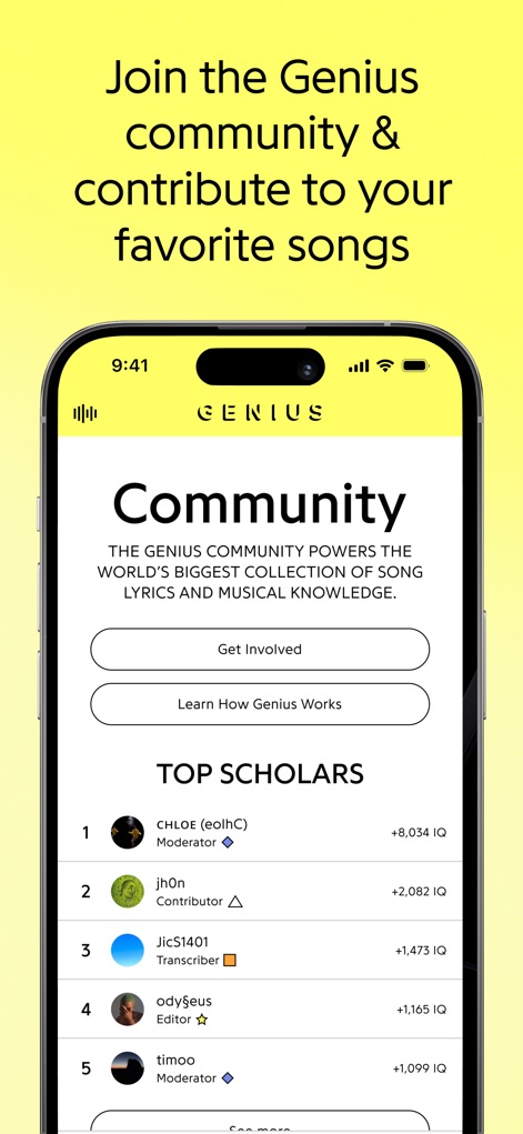 Genius: Song Lyrics Finder - The platform encourages active community participation through dedicated 'Get Involved' sections and a 'TOP SCHOLARS' leaderboard recognizing contributors' expertise.