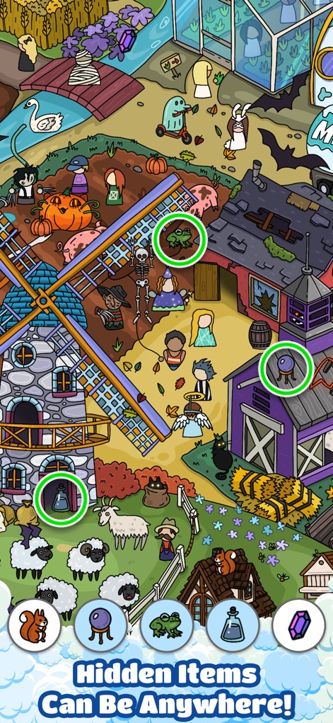 Scavenger Hunt－Hidden objects! - Users can discover hidden gems across charming rural village scenes, observing structures like windmills and finding various objects such as a frog and a mysterious flask.