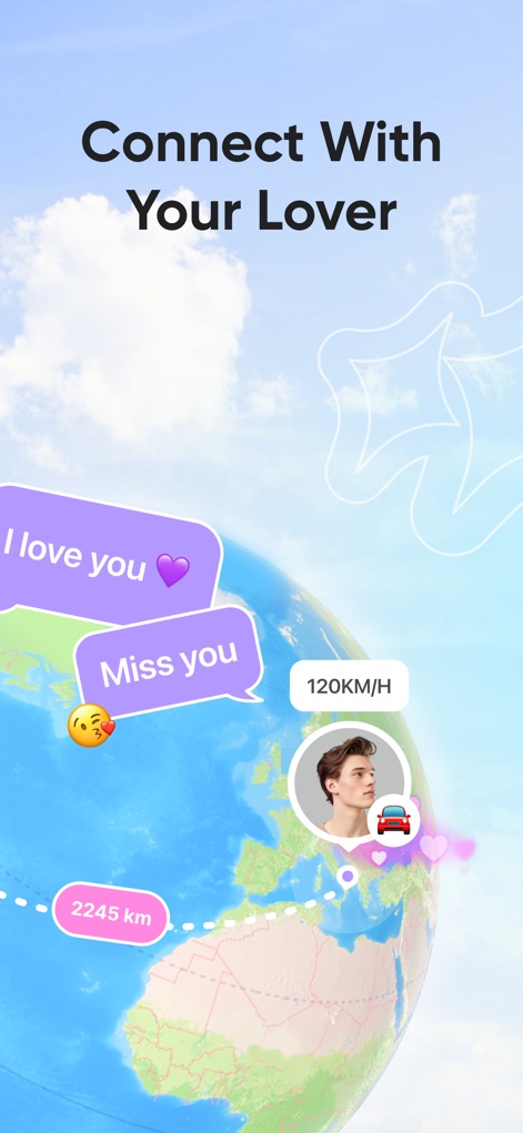 Love8 - App for Couples - This screenshot illustrates how users can maintain connection with features like real-time distance display and expressive chat bubbles with personalized messages.