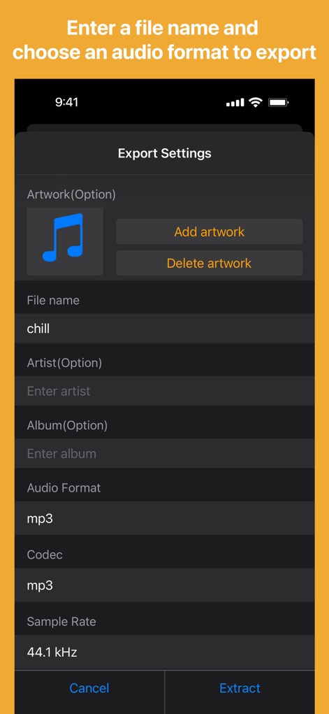 Export Audio - Die App bietet umfangreiche Export-Einstellungen, bei denen Nutzer den Dateinamen eingeben und wichtige Metadaten wie den Künstler festlegen können, sowie das gewünschte Audioformat aus einer Liste wählen.