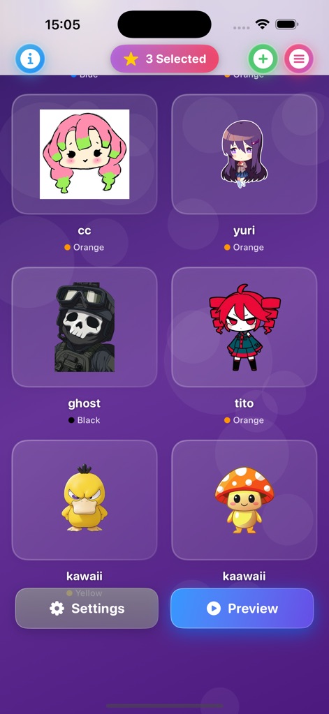 Shimeji Screen Pets - La galería muestra una amplia selección de personajes Shimeji, desde animes populares hasta diseños kawaii, y permite a los usuarios personalizar su experiencia antes de la activación con los botones "Settings" y "Preview".